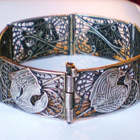 Vintage Egyptian Revival Sterling Silver 925 Filigree Bangle Bracelet 7